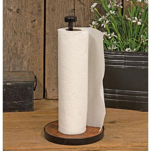 Brown Wood & Black Metal Paper Towel Roll Stand w/ Spice Rack