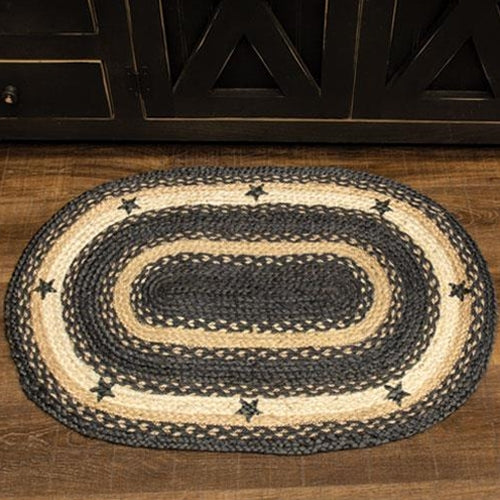 Black and Tan Braided Rug with Stars Primitive Country Oval