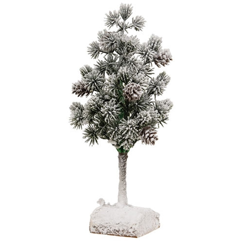 Flocked Bristle Pine Tree w/Cones on Log 9"