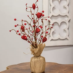 Red Glitter Heart & Berries Tree w/Burlap Base - 17"H