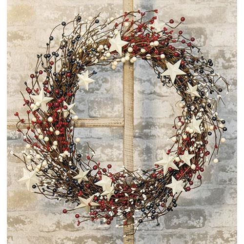 Americana Berry Wreath w/Metal Stars 22"