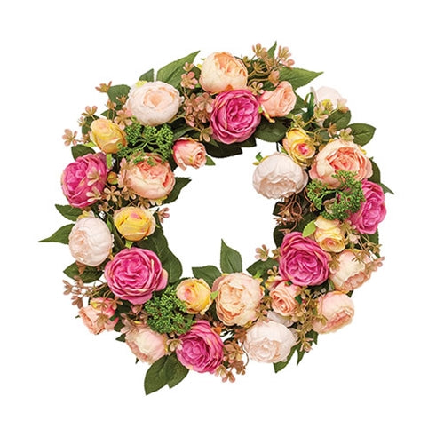 Mixed Cabbage Rose Wreath - 22"