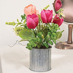 Pink Tulips & Wildflowers in Metal Pot - 8.5"H