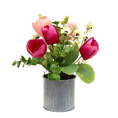 Pink Tulips & Wildflowers in Metal Pot - 8.5"H