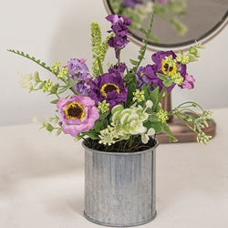 Lavender Zinnia & Wildflowers in Metal Pot - 8.5"H