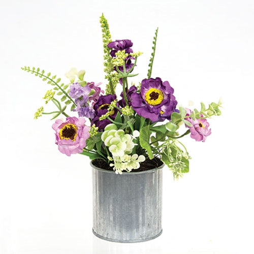 Lavender Zinnia & Wildflowers in Metal Pot - 8.5"H