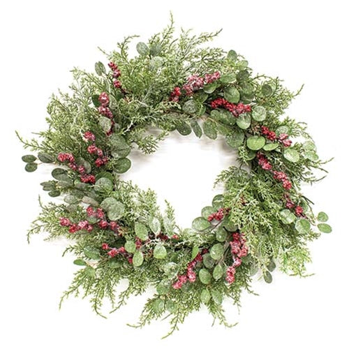 Frosted Eucalyptus Cedar and Red Berry Wreath 24"