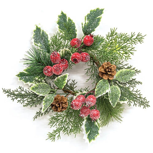 Icy Winterberry Holly & Pine Candle Ring 4"