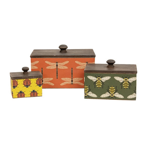 3/Set - Garden Bugs Metal Boxes w/Wood Lids