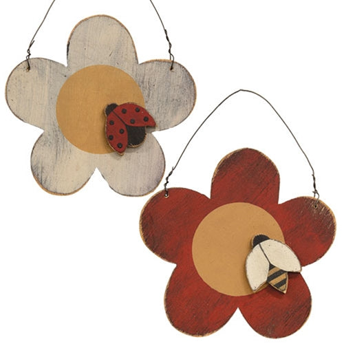 Distressed Wooden Flower & Bug Ornament 2 Asstd.