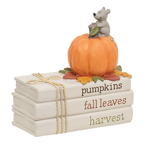 "Pumpkins" "Fall Leaves" "Harvest" Resin Stacked Books w/Mouse on Pumpkin