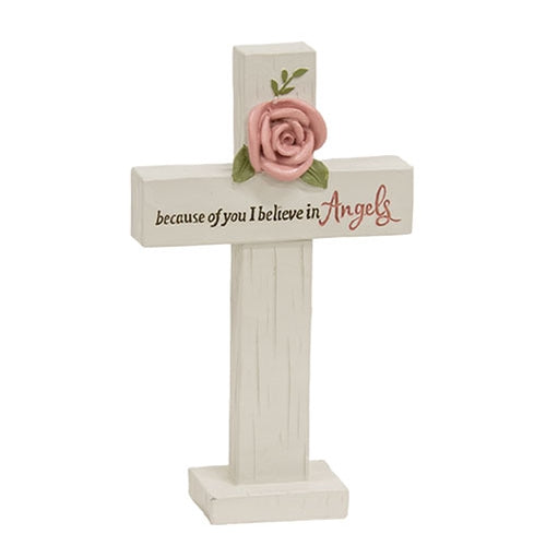 I Believe in Angels Resin Cross w/Rose