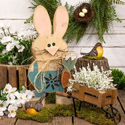 Rustic Wood Standing Boy Bunny w/Carrot on Base