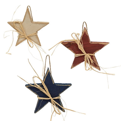 Distressed Wood Americana Star Ornament w/Raffia 6.5" 3 Asstd.