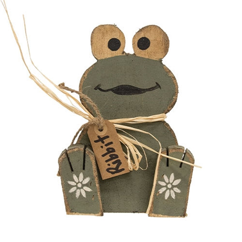 Rustic Wood Sitting Baby Frog w/"Ribbit" Tag