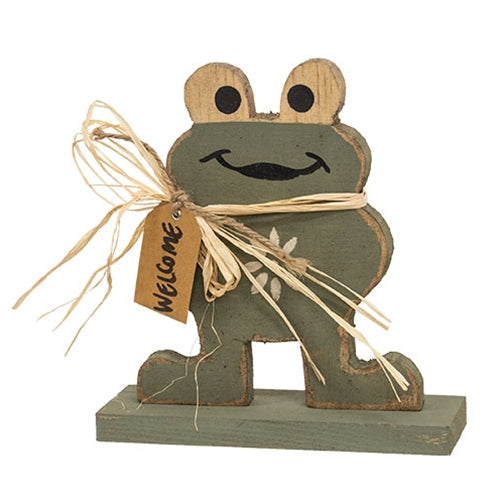 Rustic Wood "Welcome" Frog on Base