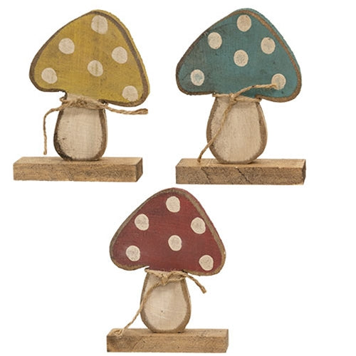 Rustic Wood Baby Mushroom on Base 3 Asstd.