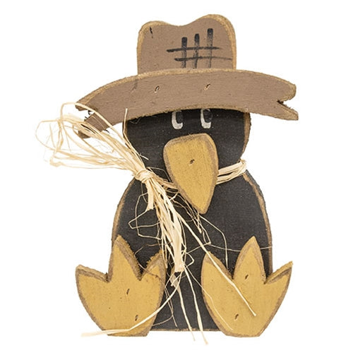 Rustic Wood Sitting Baby Crow in Scarecrow Hat