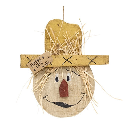 Rustic Wood "Happy Fall Y'all" Hanging Scarecrow Head