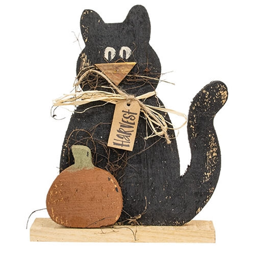 Rustic Wood "Harvest" Black Cat w/Pumpkin on Base