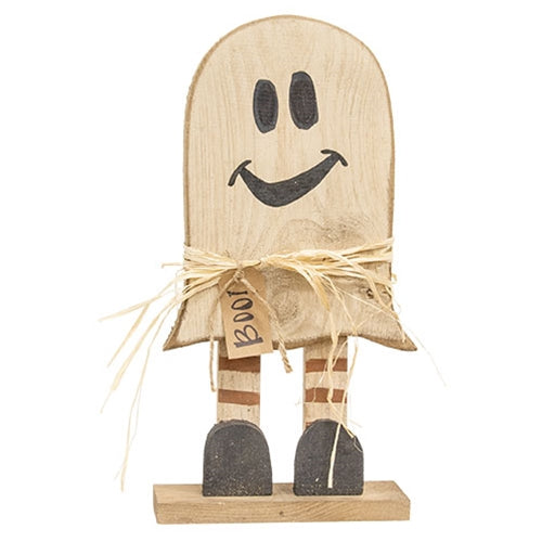 Rustic Wood Skinny Leg Boo Ghost on Base 18"