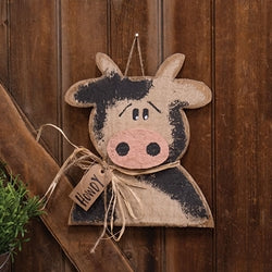 Rustic Wood Hanging Cow Bust w/Howdy Tag - 12"H