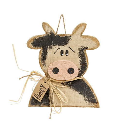 Rustic Wood Hanging Cow Bust w/Howdy Tag - 12"H