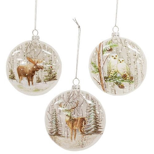 Glass Woodland Winter Animal Christmas Ornament 3 Asstd.