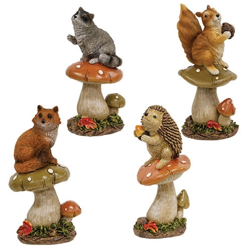 Resin Mushroom Perched Woodland Friend Figurine 4 Asstd.