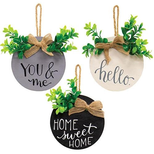 You & Me Round Sign Ornament w/Greenery 3 Asstd.