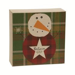 Believe Or Joy Plaid Snowman Box Sign 2 Asstd.