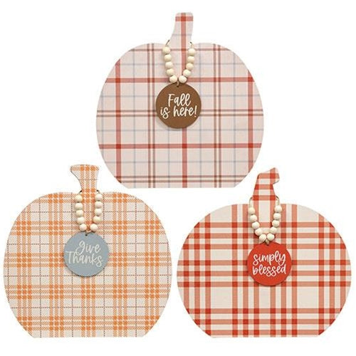 Plaid Fall Sayings Charm Pumpkin Easel 3 Asstd.