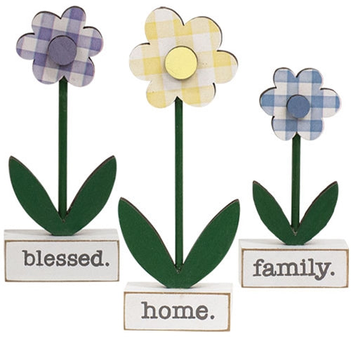 3/Set Home Blessed Family Gingham Check Daisies on Base