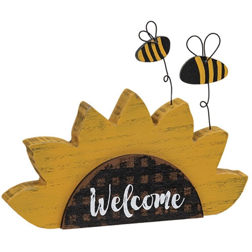 Distressed Wooden "Welcome" Sunflower Sitter w/Bees