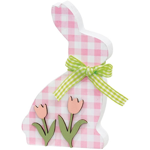 Pink & White Buffalo Check Bunny w/Tulips Sitter