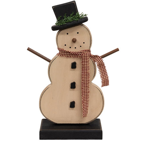 Distressed Wooden Snowman on Base w/Gingham Scarf