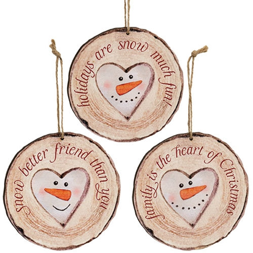 Snow Much Fun Wood Slice Ornament 3 Asstd.