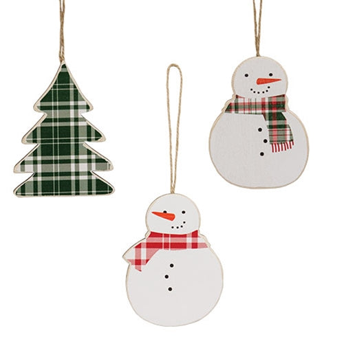 3/Set Plaid Christmas Tree & Snowmen Ornaments