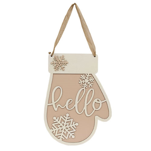 Glittered Hello & Snowflakes Mitten Sign