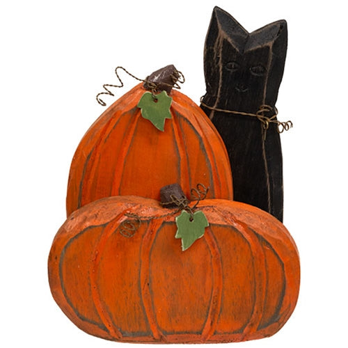 Carved Wooden Pumpkin Duo & Black Cat