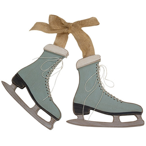 2/Set Distressed Wooden Blue Ice Skates w/Burlap Hanger