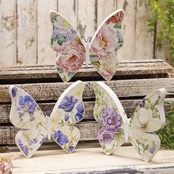 Wooden Vintage Floral Butterfly Sitter - 3 Asstd.