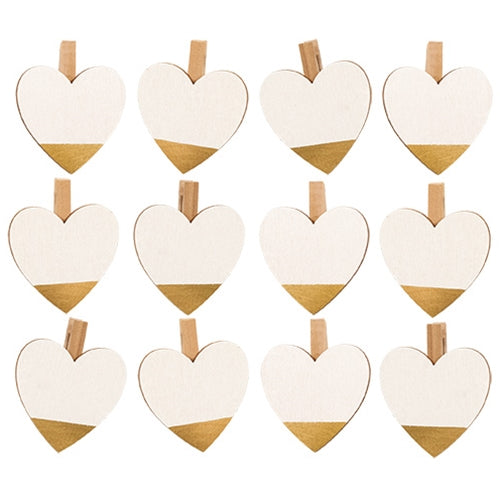 12/Set - Wooden Gold Tipped Heart Clips