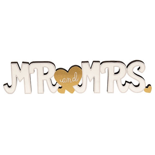 Mr. and Mrs. Wooden Cutout Sitter w/Gold Hearts