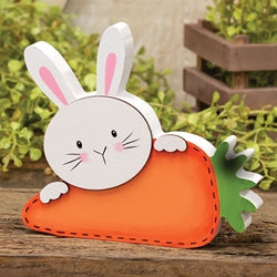 Peeking Bunny w/Big Carrot Wooden Sitter