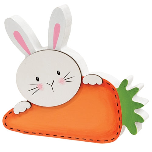 Peeking Bunny w/Big Carrot Wooden Sitter