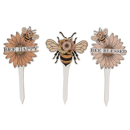 3/Set - Bee Flower Wooden Plant Stake