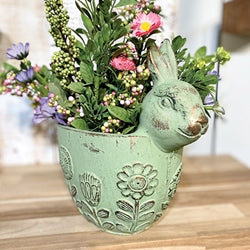 Flower Garden Embossed Distressed Green Cement Bunny Planter