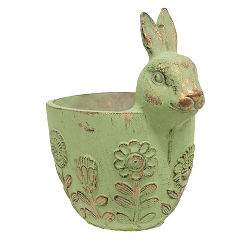 Flower Garden Embossed Distressed Green Cement Bunny Planter