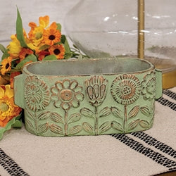 Flower Garden Embossed Distressed Green Cement Oval Planter